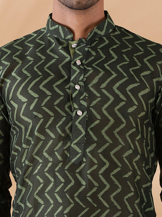 Olive Green Printed Kurta For Men