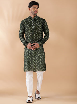 Olive Green Printed Kurta For Men