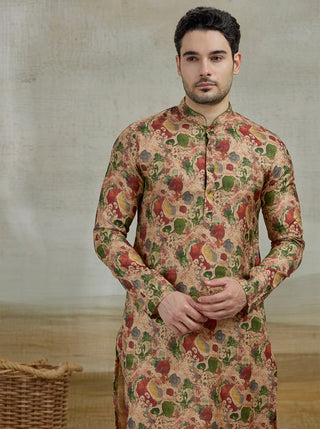 Beige & Green Printed Kurta For Men