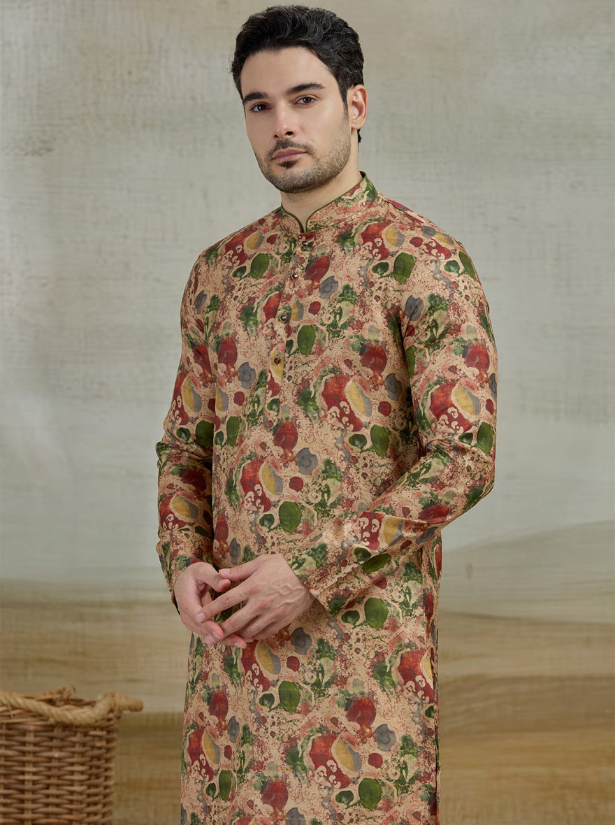 Beige & Green Printed Kurta For Men