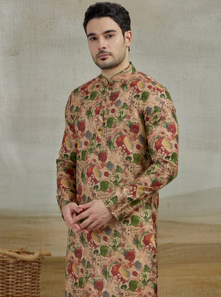 Beige & Green Printed Kurta For Men