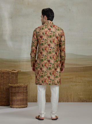 Beige & Green Printed Kurta For Men