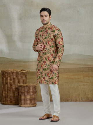 Beige & Green Printed Kurta For Men