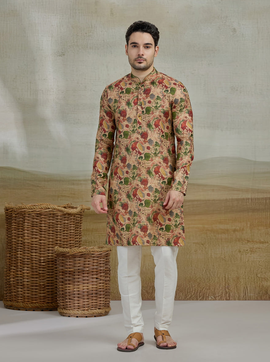 Beige & Green Printed Kurta For Men