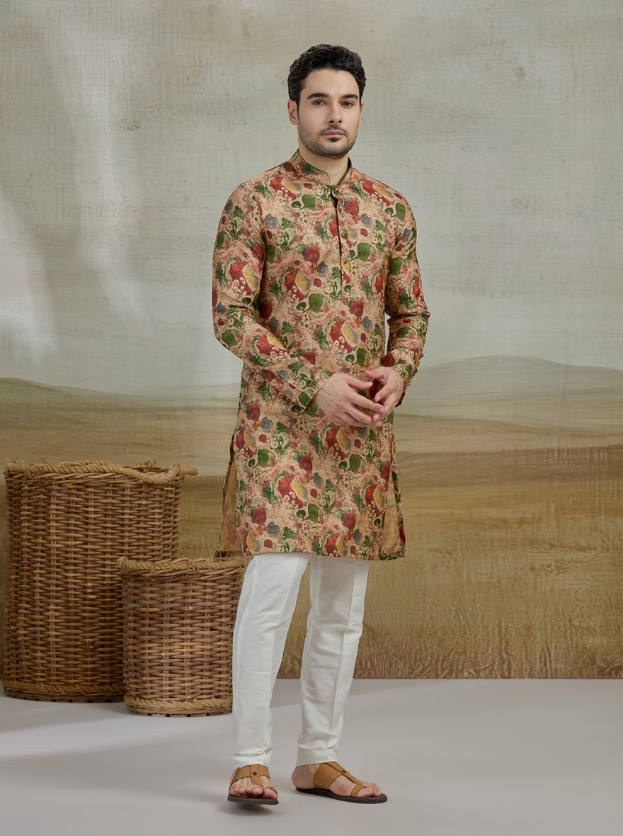 Beige & Green Printed Kurta For Men