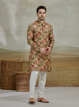 Beige & Green Printed Kurta For Men