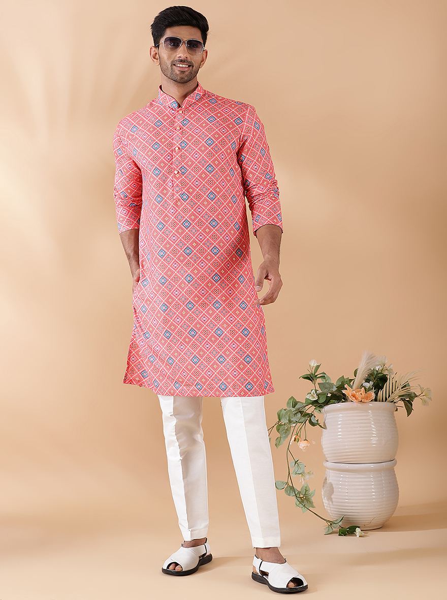 Peach Printed Kurta For Men