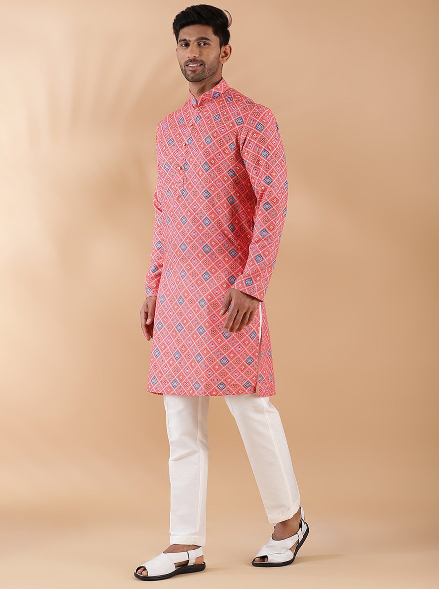 Peach Printed Kurta For Men