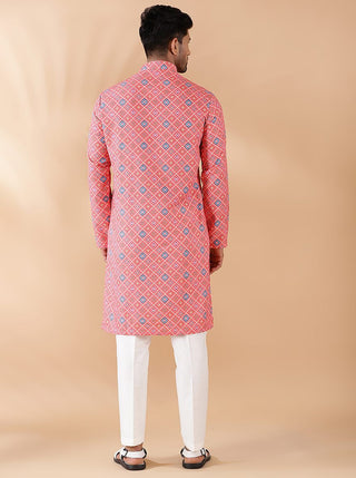 Peach Printed Kurta For Men