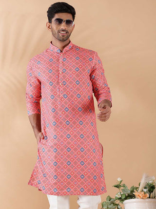 Peach Printed Kurta For Men