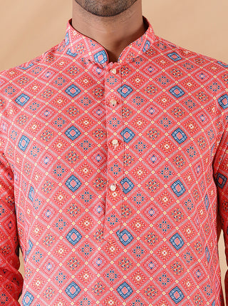 Peach Printed Kurta For Men