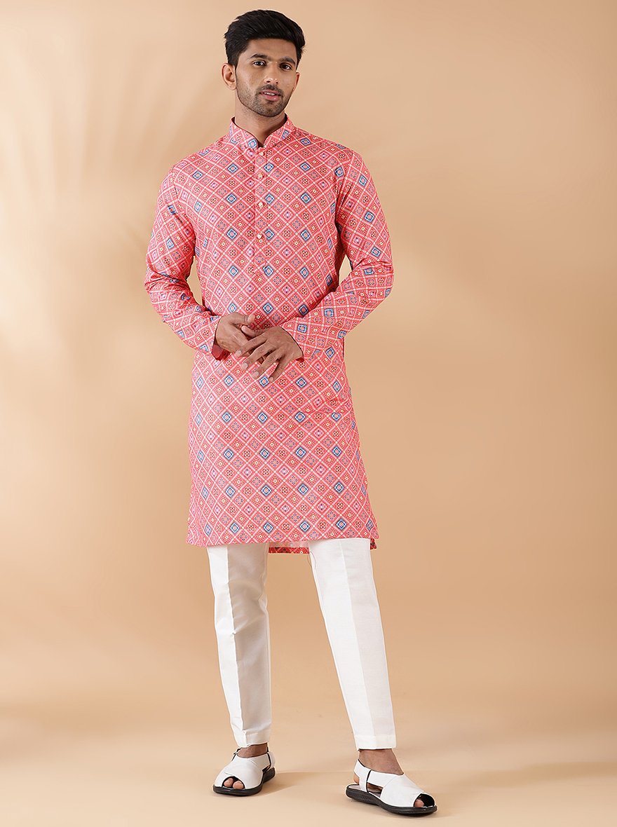 Peach Printed Kurta For Men