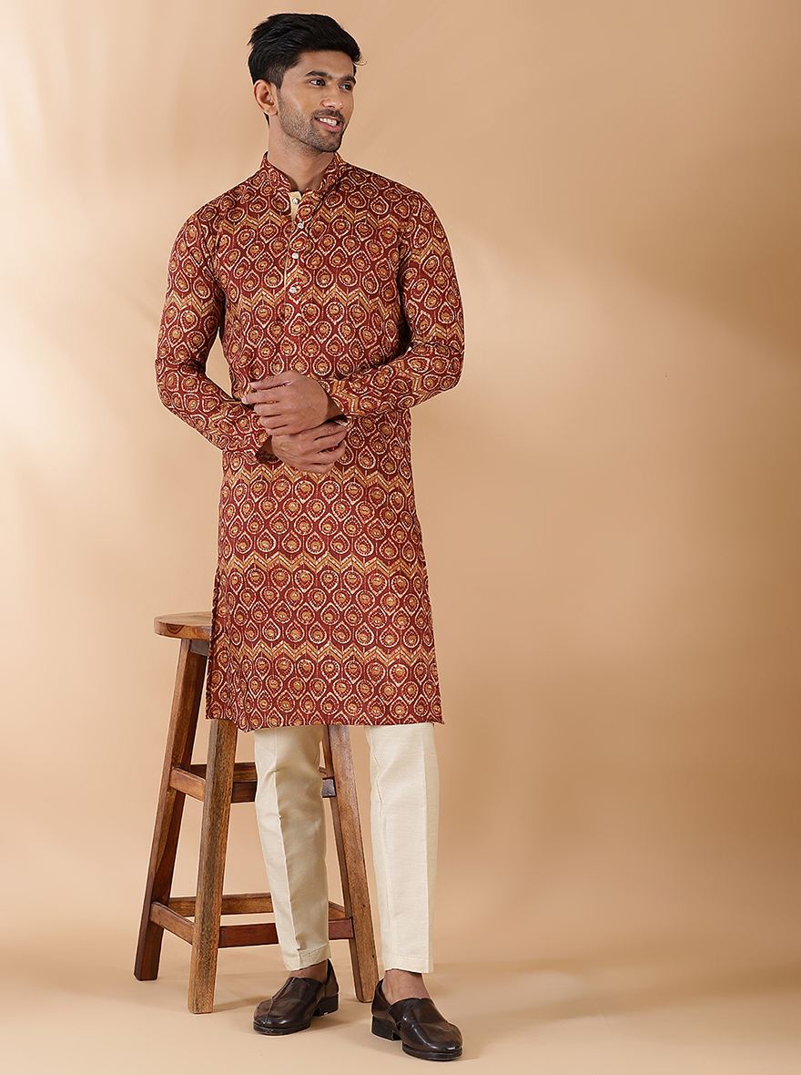 Brown Printed Kurta For Men