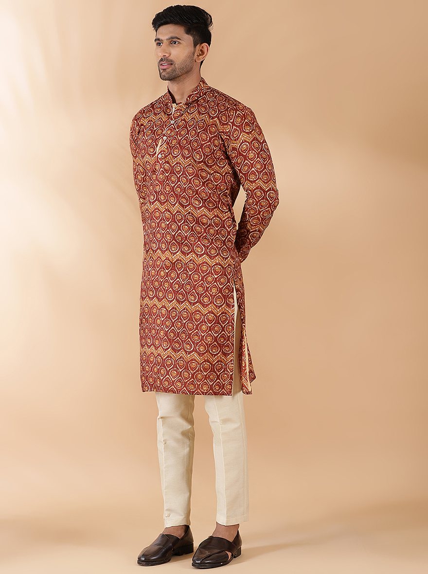 Brown Printed Kurta For Men