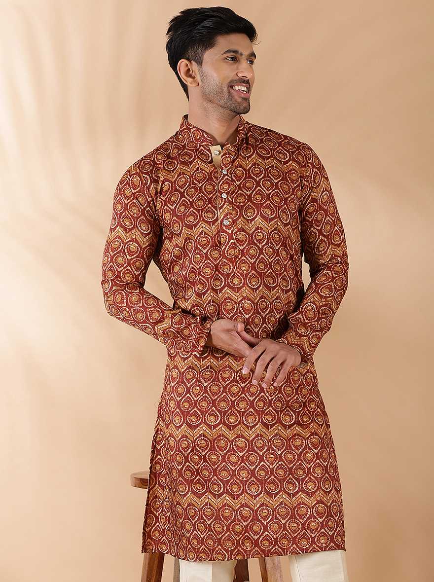 Brown Printed Kurta For Men