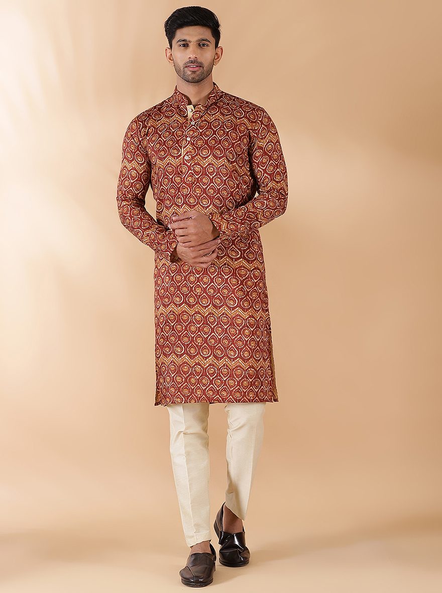 Brown Printed Kurta For Men