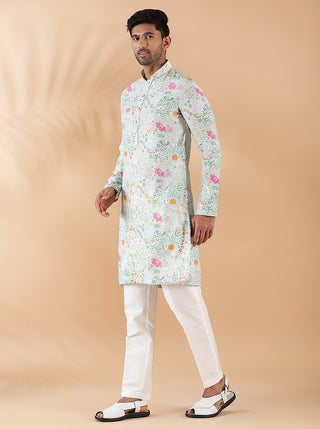 Light Blue Printed Kurta For Men