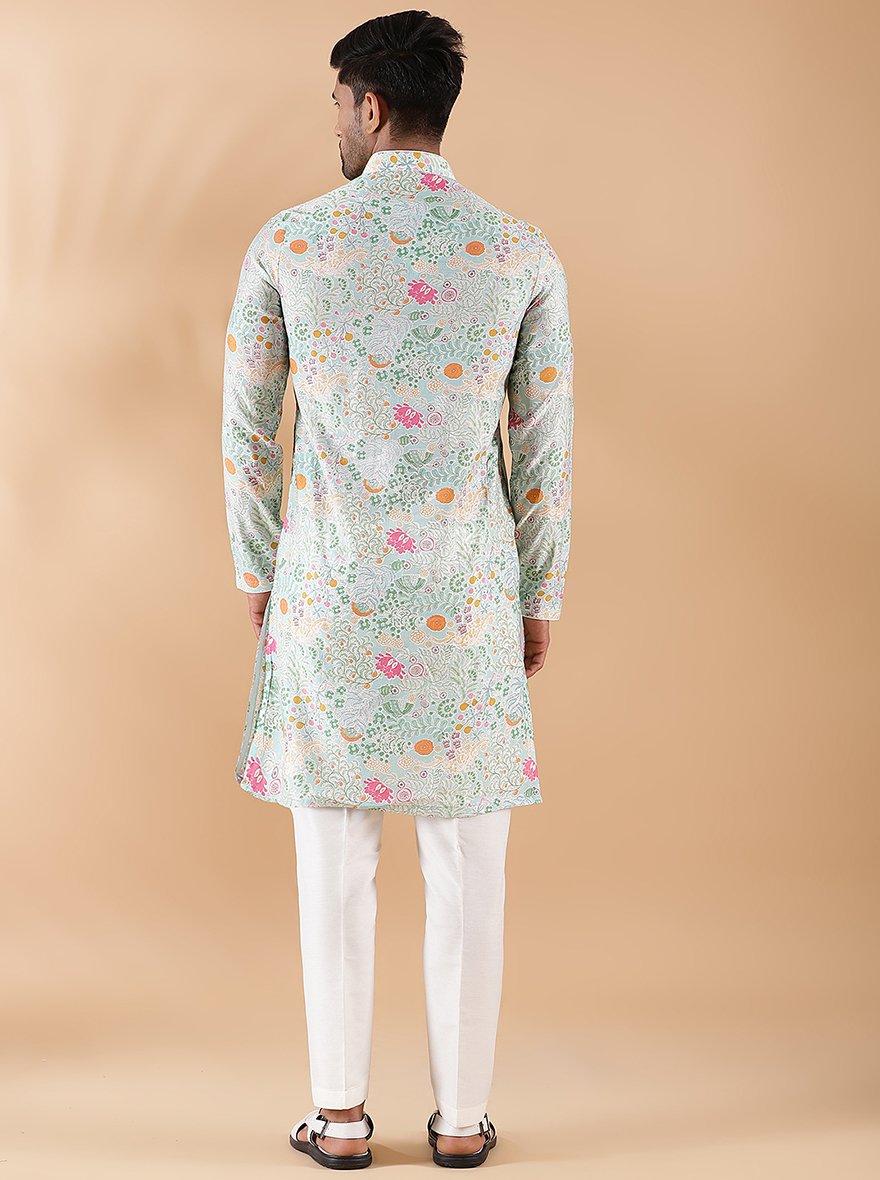 Light Blue Printed Kurta For Men