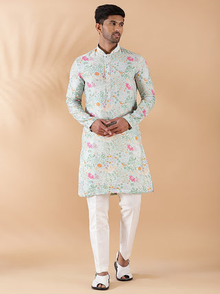 Light Blue Printed Kurta For Men