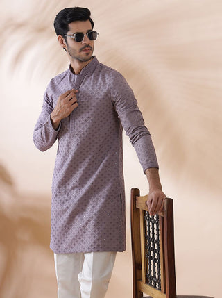 Purple Embroidered Kurta For Men