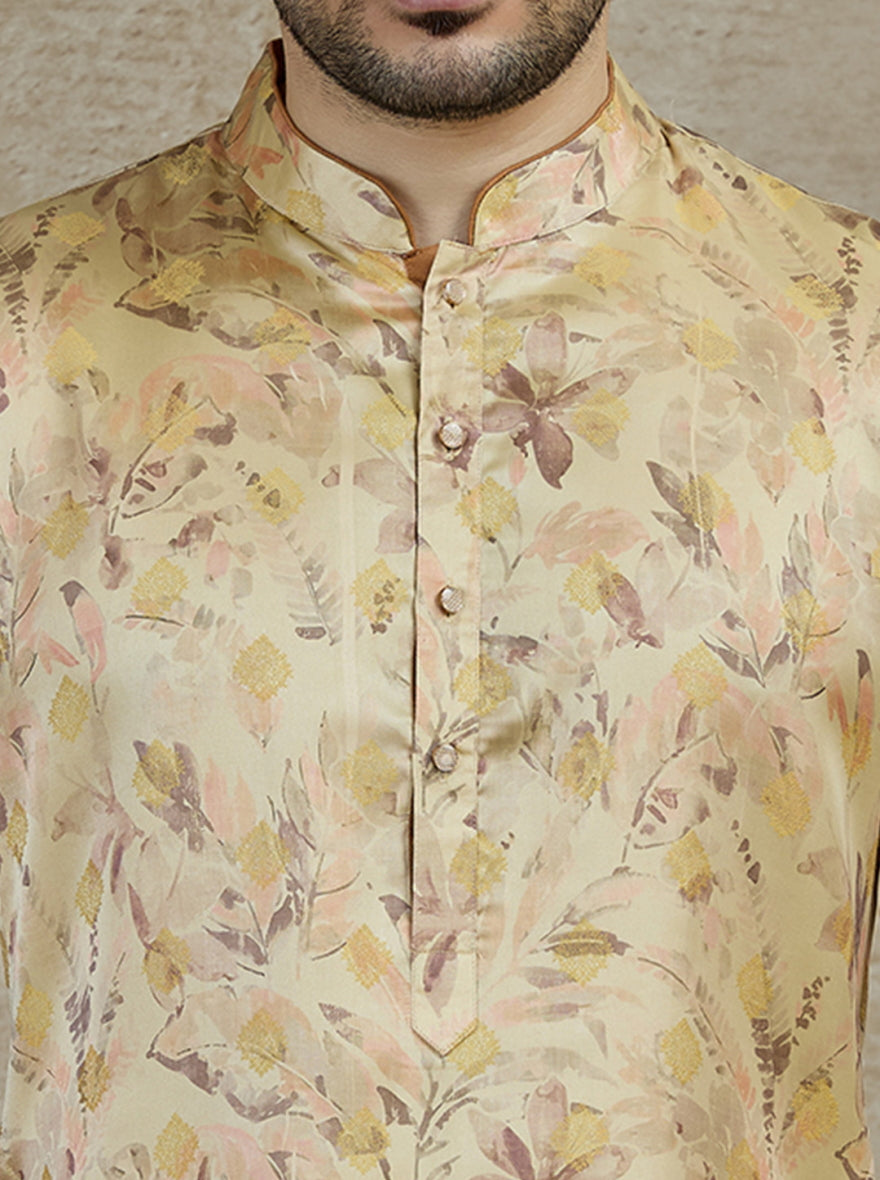 Light Peach Printed Kurta For Men