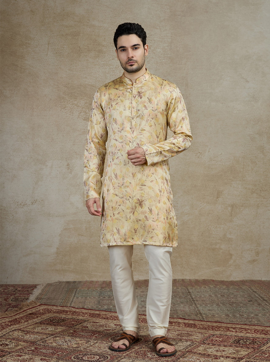Light Peach Printed Kurta For Men