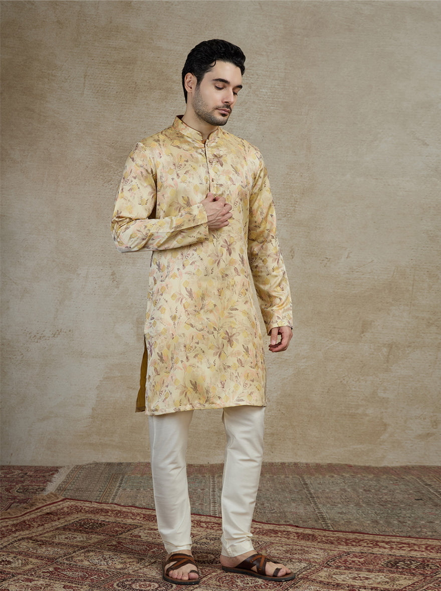 Light Peach Printed Kurta For Men