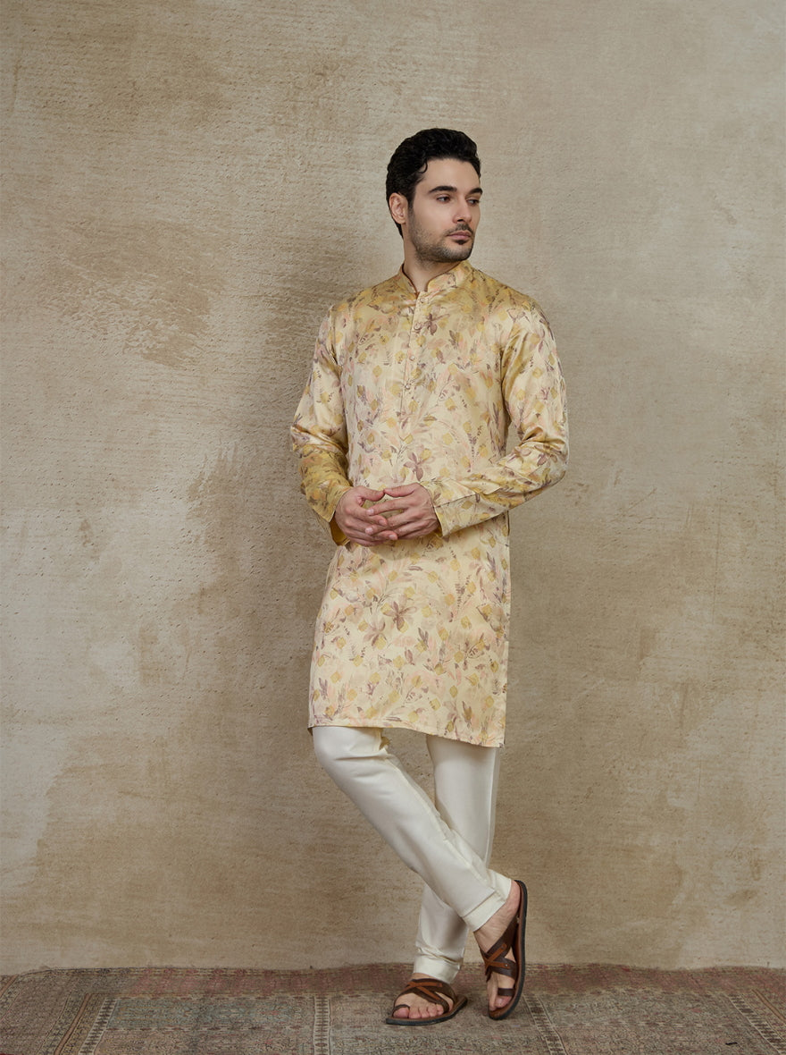 Light Peach Printed Kurta For Men