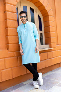 Sky Blue Solid Cotton Blend Kurta for Men