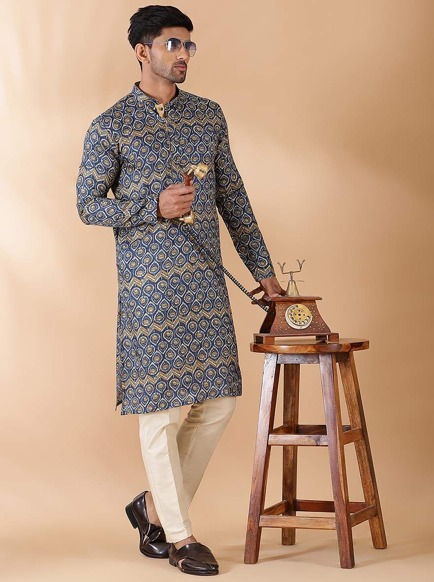 Navy Blue Printed Kurta For Men