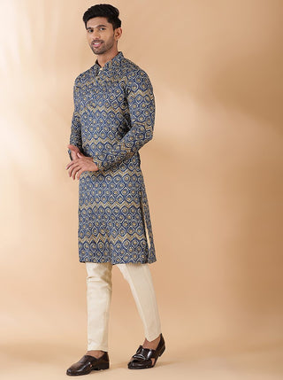 Navy Blue Printed Kurta For Men