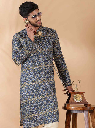 Navy Blue Printed Kurta For Men