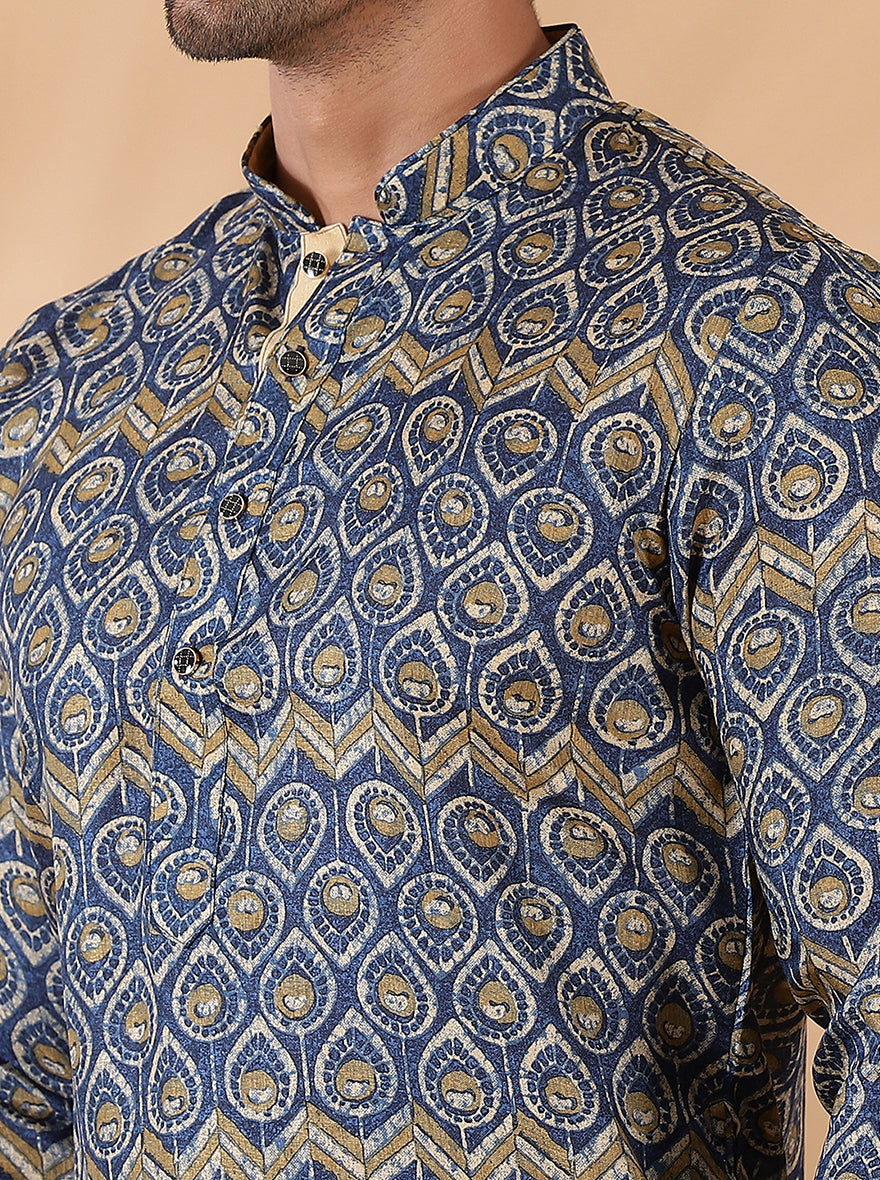 Navy Blue Printed Kurta For Men