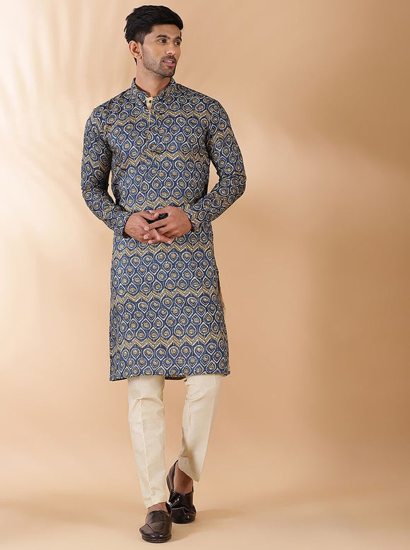 Men'S Navy Cotton Printed Kurta Only