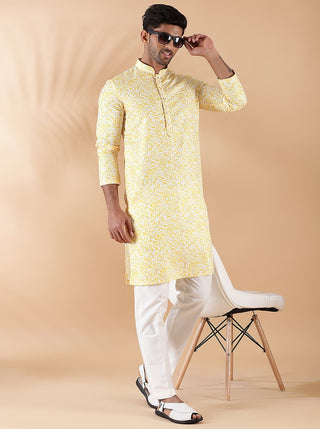 Yellow Printed Kurta For Men