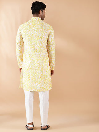 Yellow Printed Kurta For Men