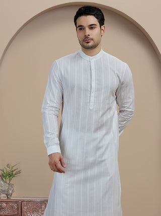 White Self Textured Kurta For Men
