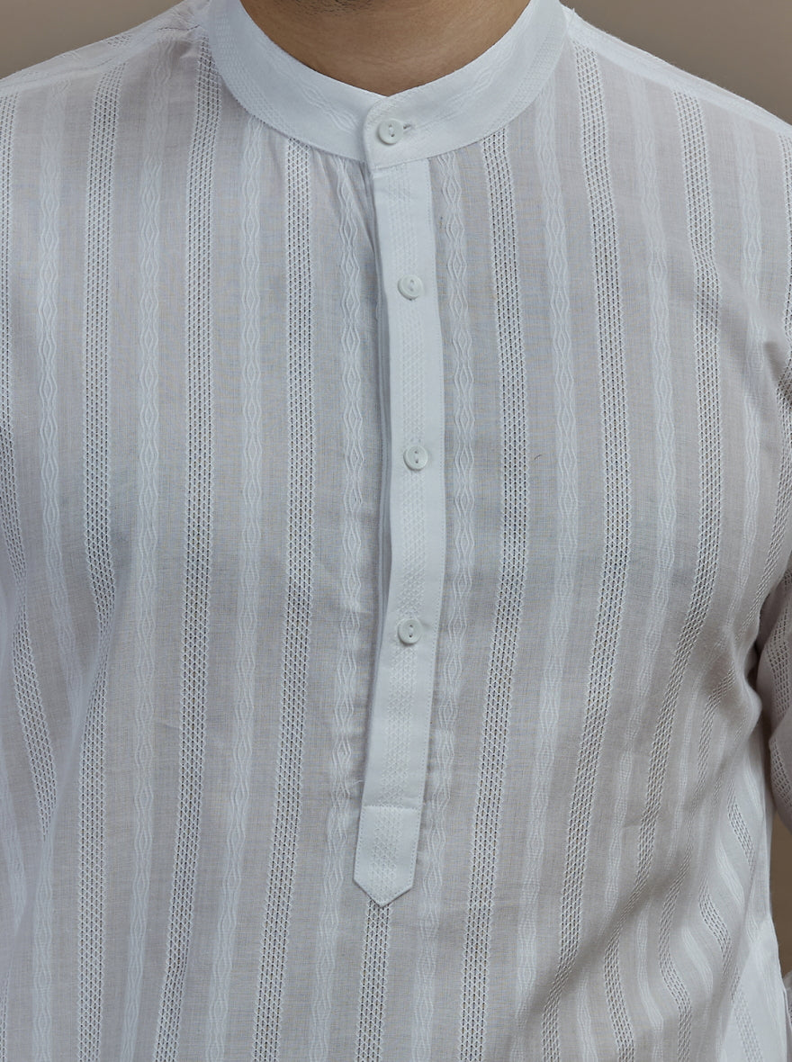 White Self Textured Kurta For Men