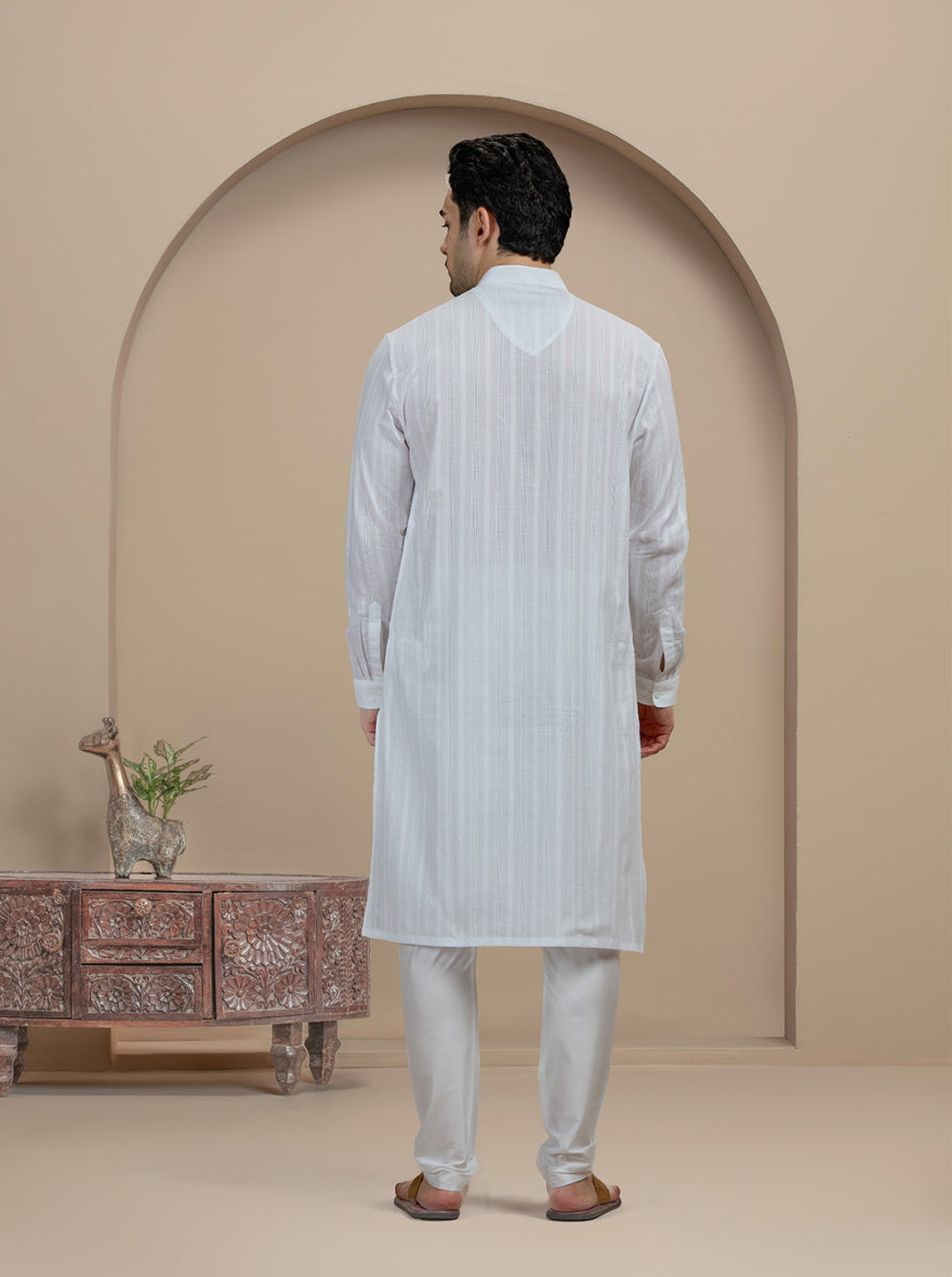 White Self Textured Kurta For Men