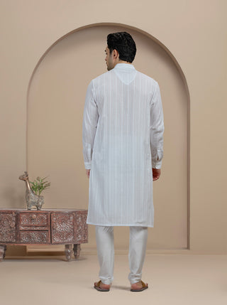 White Self Textured Kurta For Men