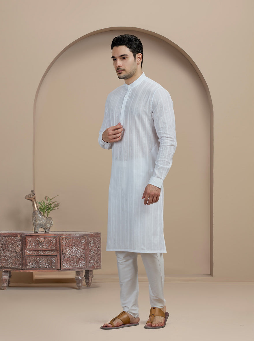 White Self Textured Kurta For Men