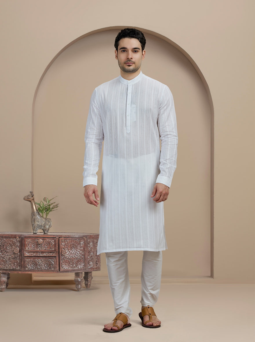 White Self Textured Kurta For Men