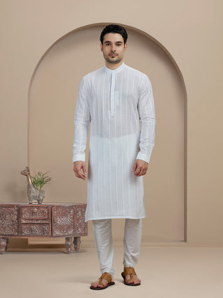 White Self Textured Kurta For Men