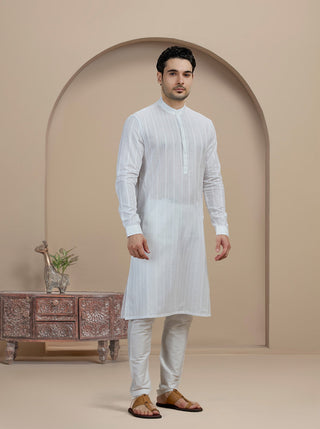 White Self Textured Kurta For Men