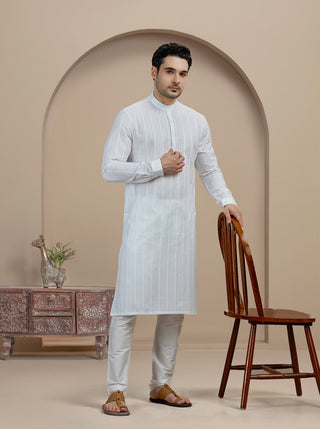 White Self Textured Kurta For Men