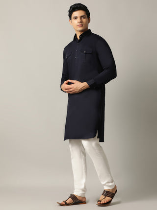 Blue Solid Pathani Kurta For Men