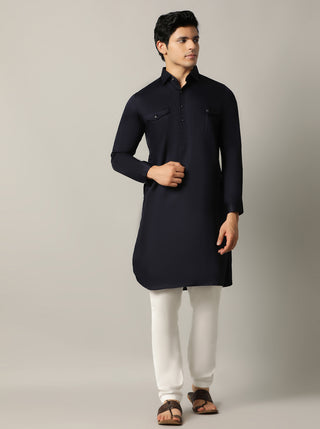 Blue Solid Pathani Kurta For Men