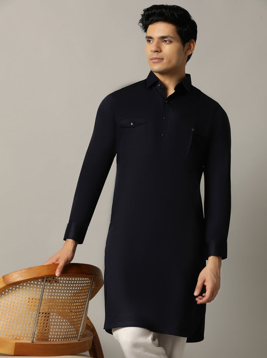 Blue Solid Pathani Kurta For Men