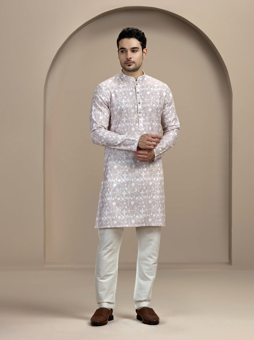 Beige & White Printed Kurta For Men