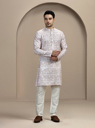 Beige & White Printed Kurta For Men